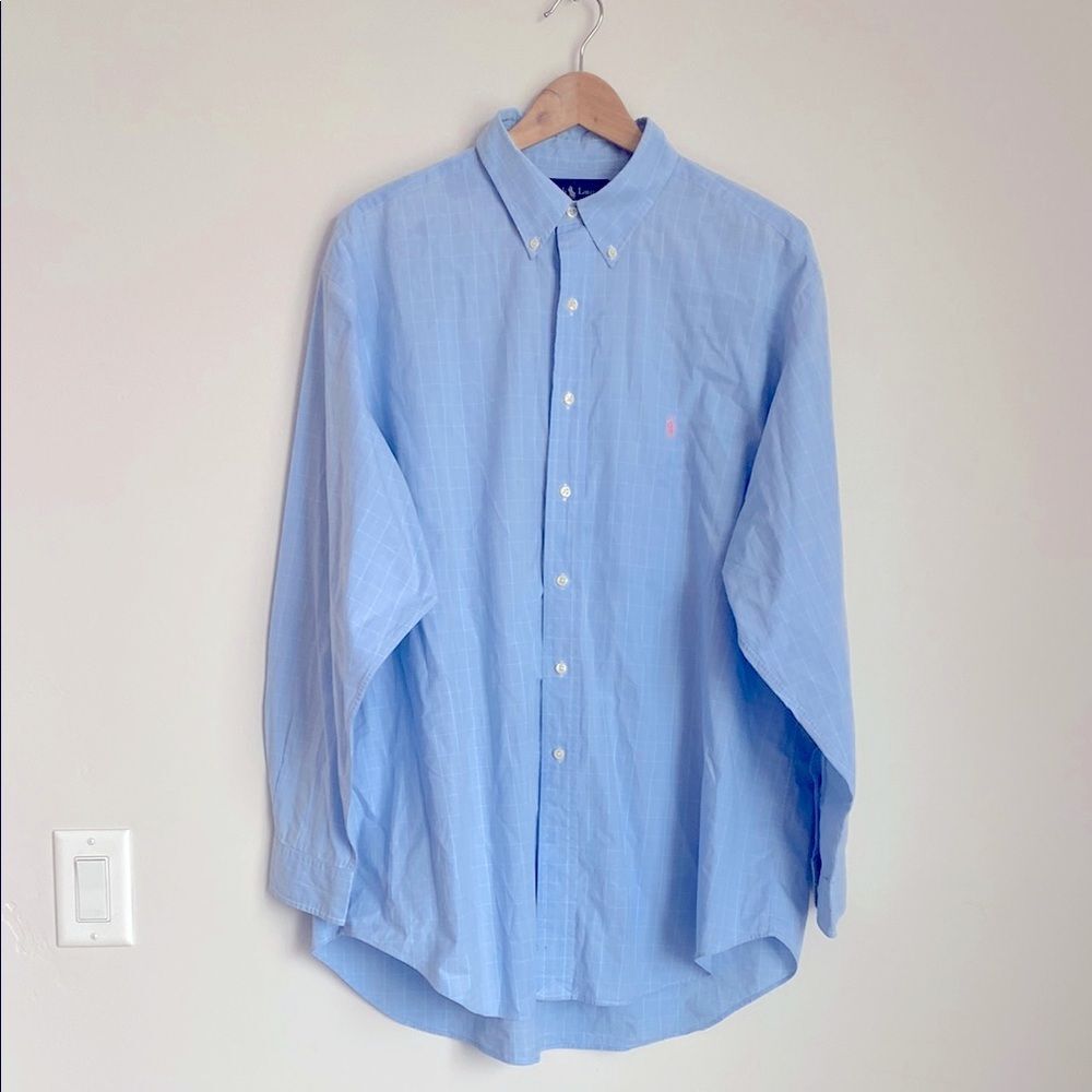 Ralph Lauren Blue Button-Down Shirt Pink Pony Logo Embroidered sz 17.5